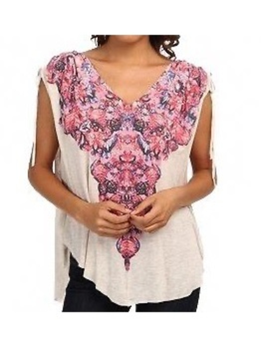 Free People Moon Dance Women's Tunic Tee Small Oatmeal Heather with Pink